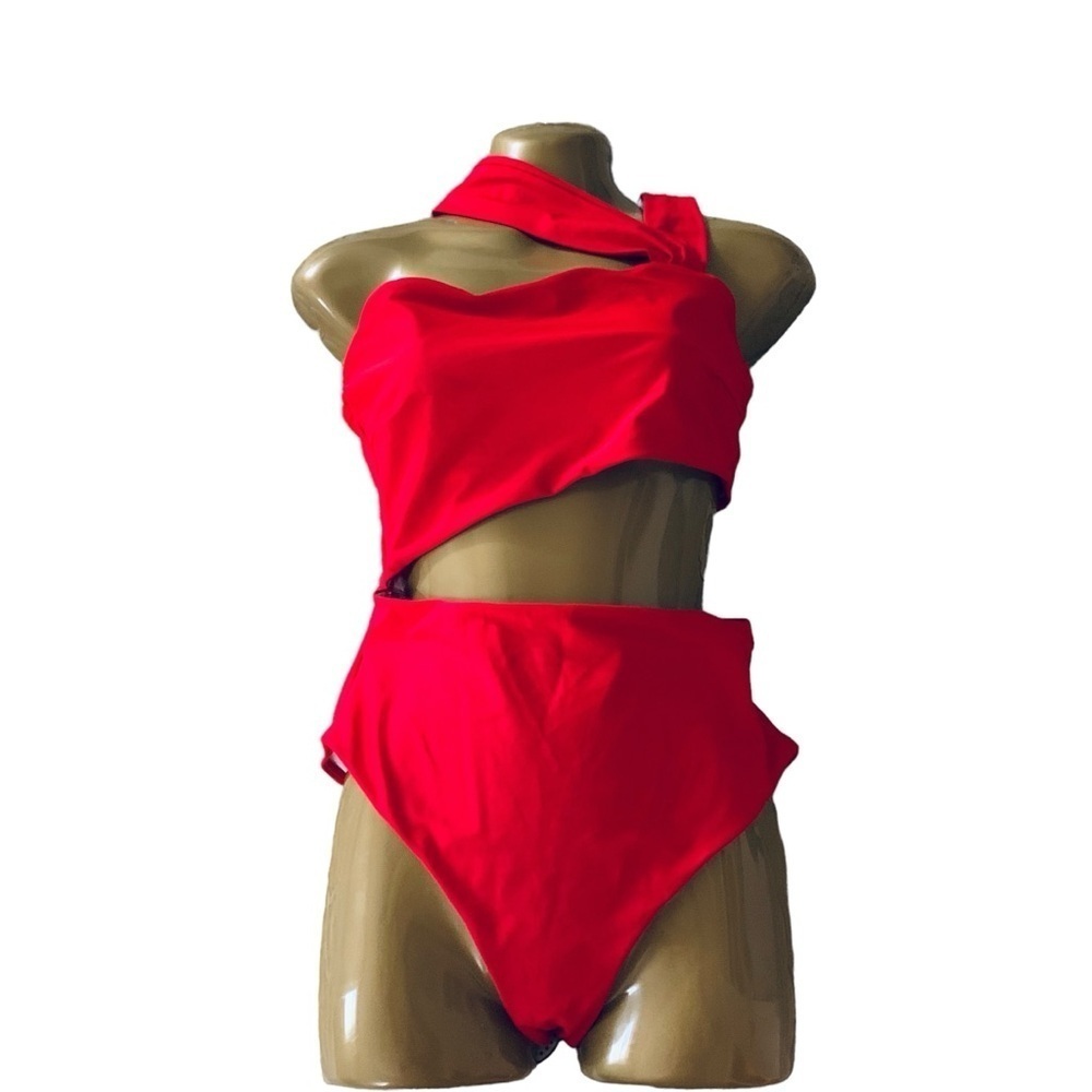 Red one piece cut out bathing suit one shoulder double wide straps New Medium